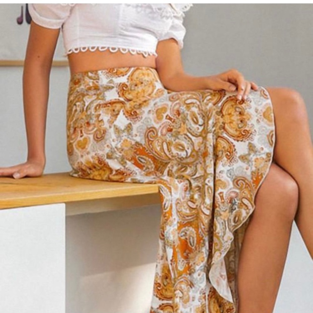High-Low Paisley Maxi Skirt in Mustard & Cream